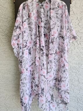 Women's Pink & Gray Floral Kimono Cardigan Duster One Size Fits Most Boho Hippie